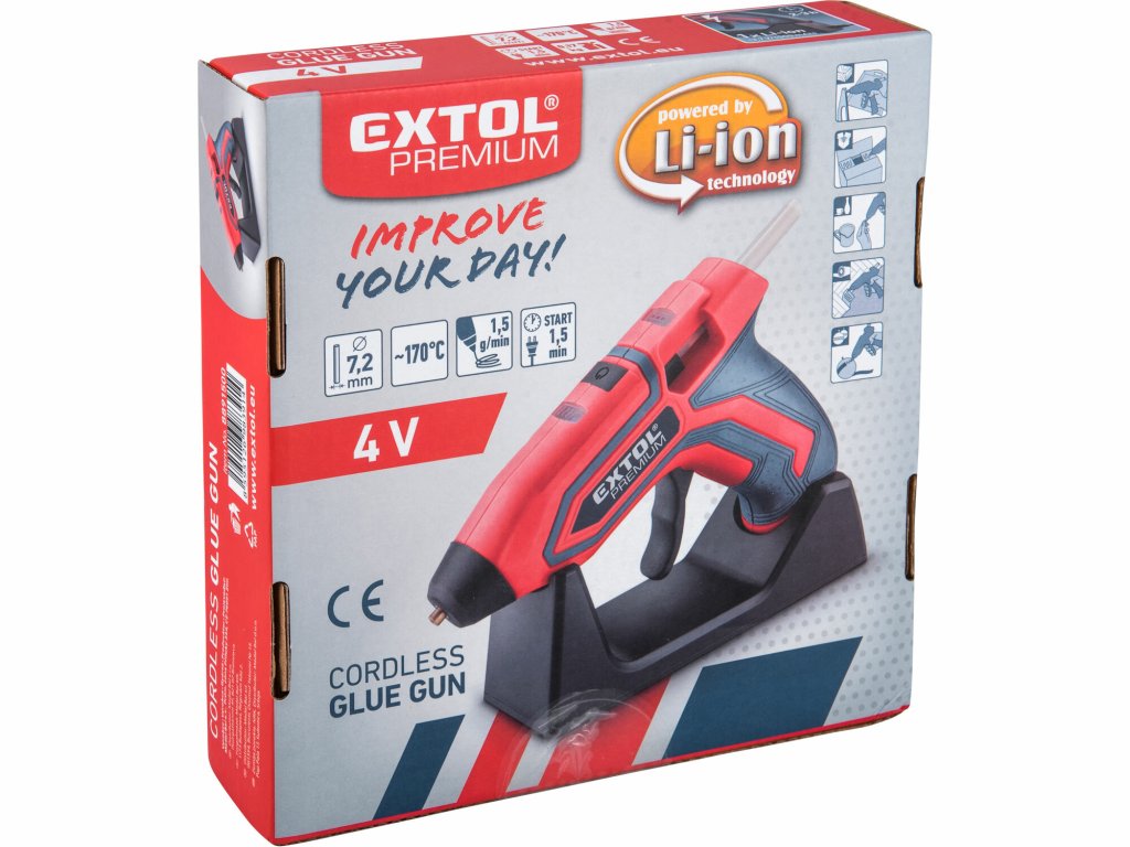 Bezdrôtová tavná pištoľ EXTOL PREMIUM 3,7V/1,5Ah na rýchle opravy