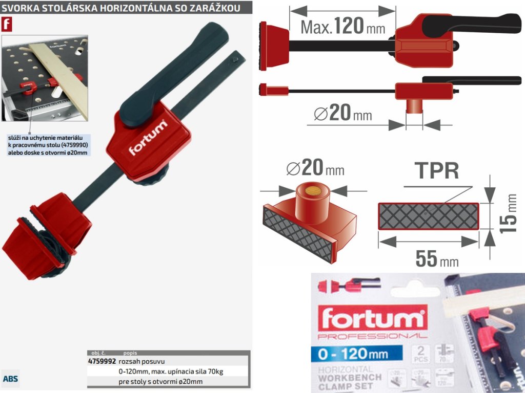 FORTUM stolárska svorka horizontálna so zarážkou - upínacia sila 70kg