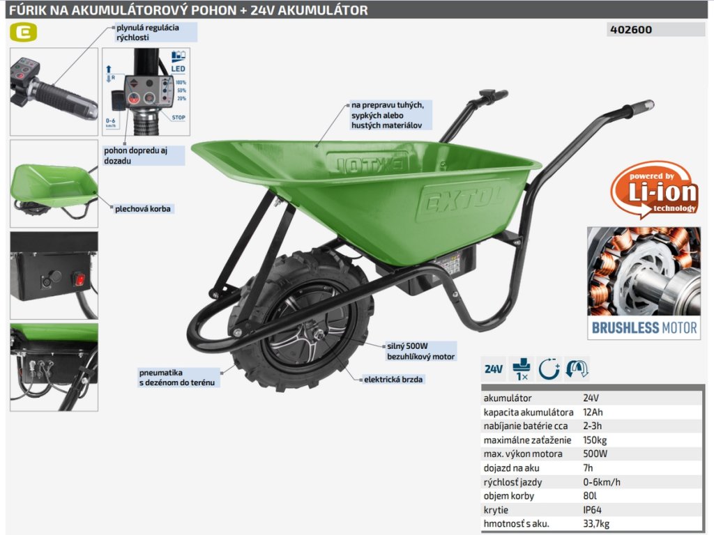 Elektrický fúrik s batériou 80 litrov nosnosť 150 kg bezuhlíkový motor