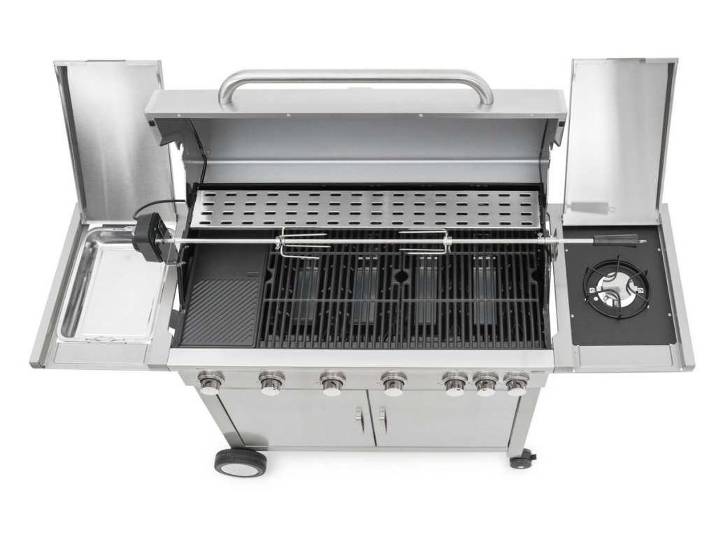 6. Moderný plynový gril s teplomerom a motorizovanou grilovacou ihlou