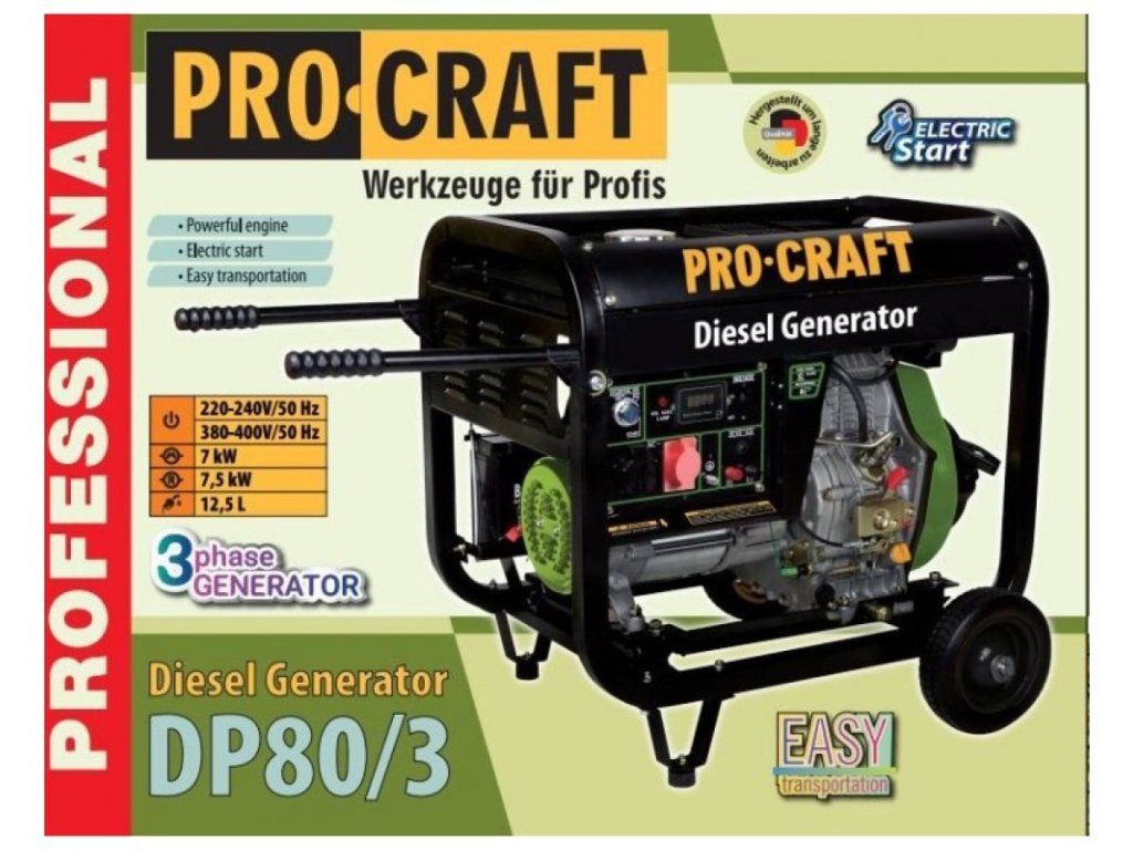 Výkonný dieselový generátor Procraft DP80/3 s elektrickým štartom