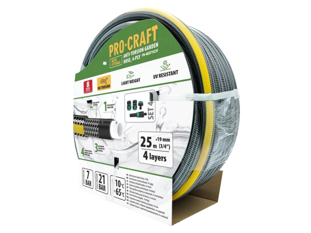 Odolná 4-vrstvová záhradná hadica Procraft PR-4KAT1925F do tlaku 21 bar