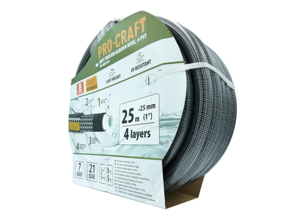 Záhradná hadica Procraft PR-4KAT2525, 4-vrstvová, 1" (25 mm), 25 m, UV odolná, čierno-žltá