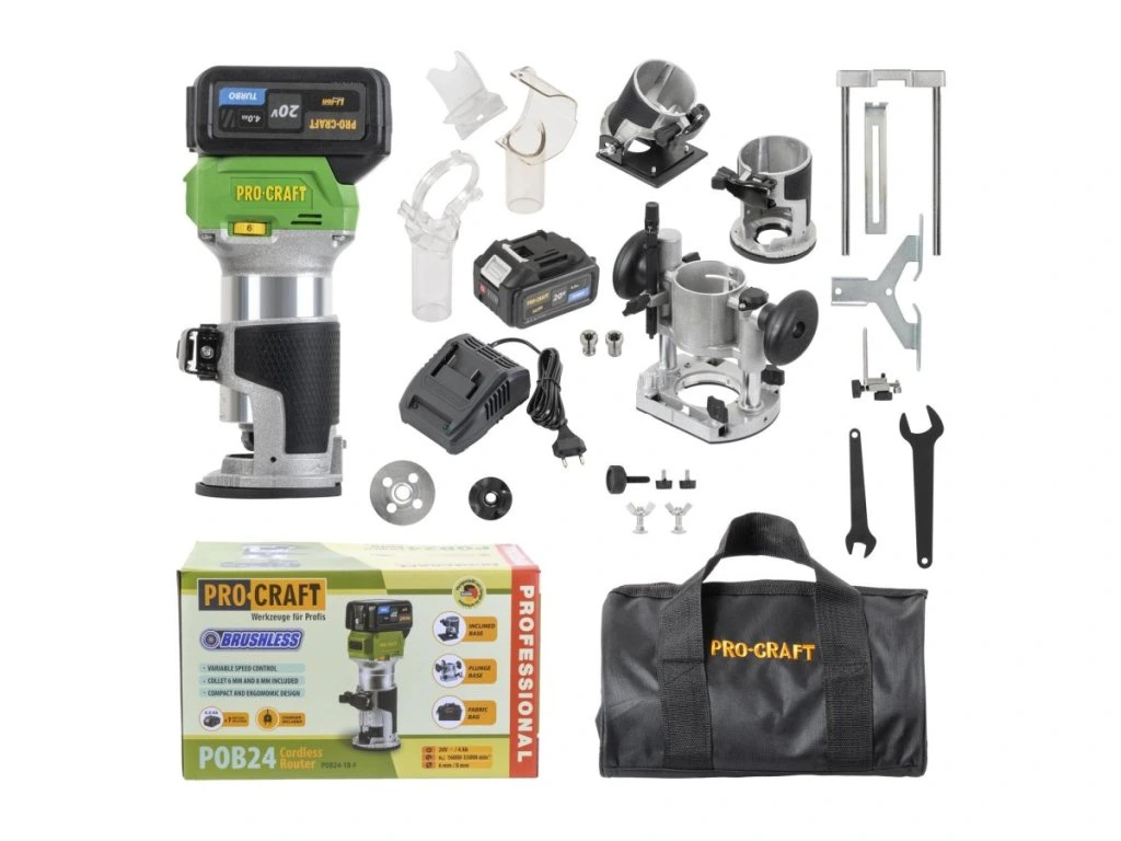 Aku frézka Procraft POB24 s bezuhlíkovým motorom a 3 základňami