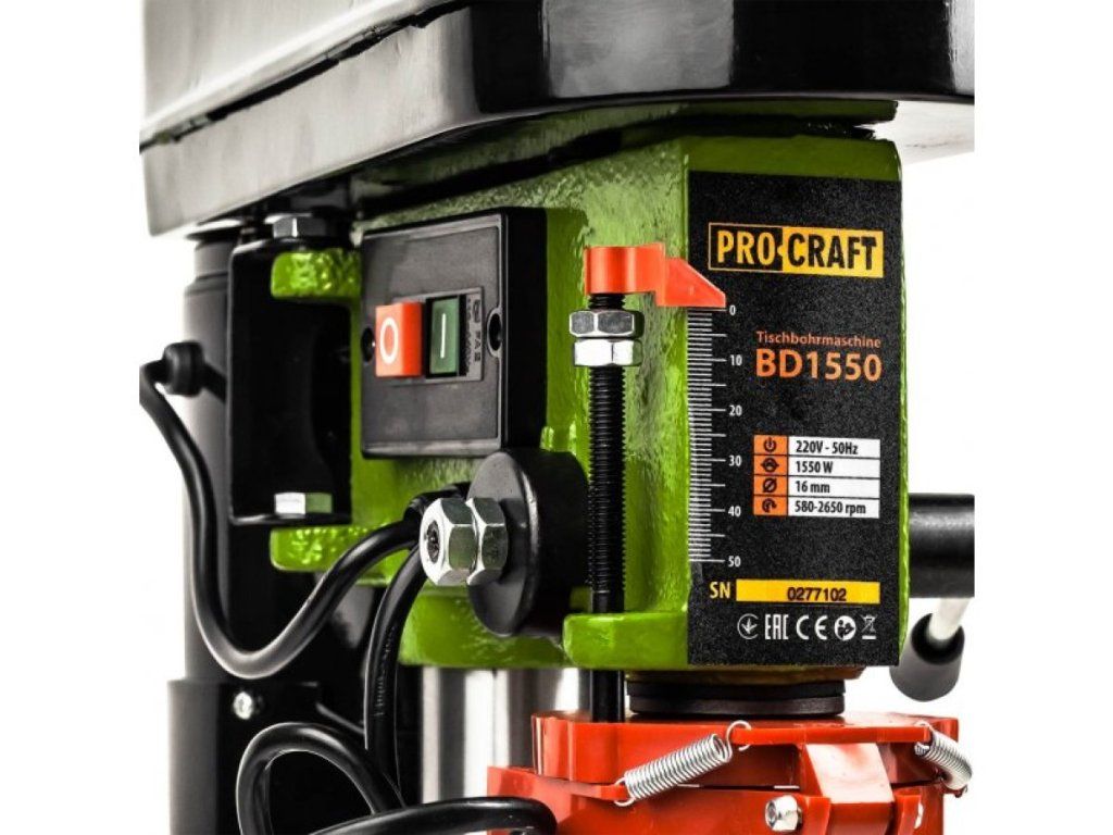 Stolová stĺpová vŕtačka PROCRAFT BD1750 s 9 rýchlosťami a 16 mm skľučovadlom