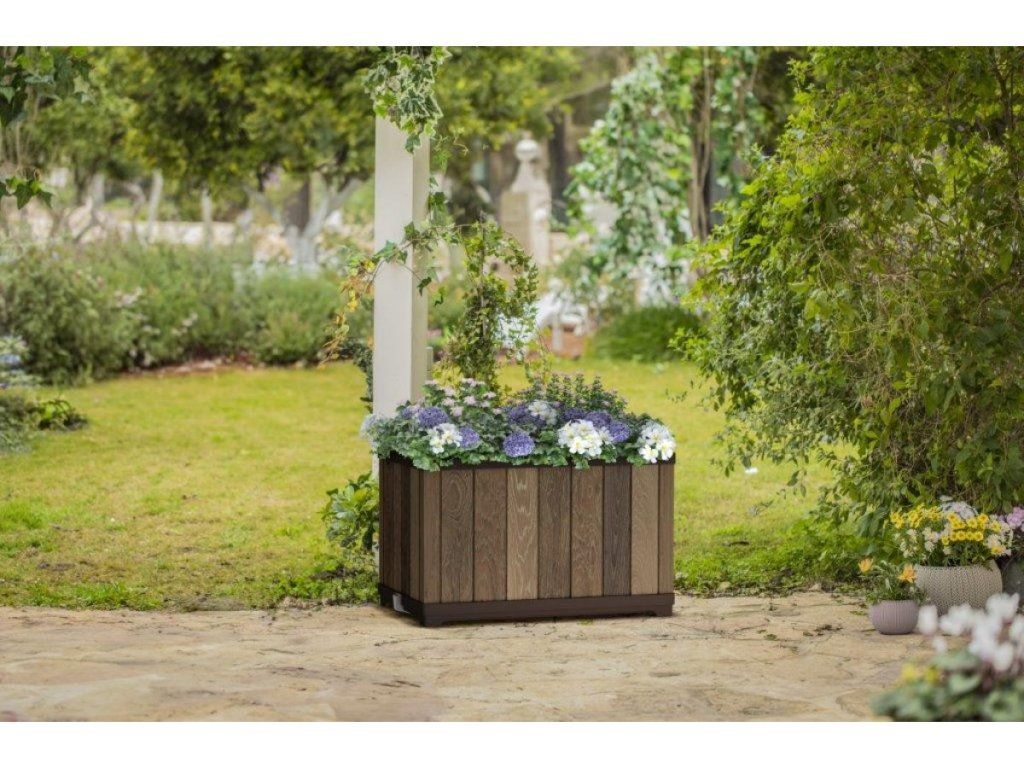 Moderný vonkajší kvetináč Keter Deco Rectangle s textúrou dreva