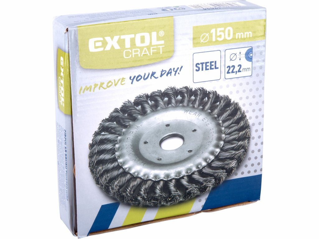 Okružný vrkočový oceľový drôtený kartáč Extol Craft s priemerom 150 mm a otvorom 22,2 mm