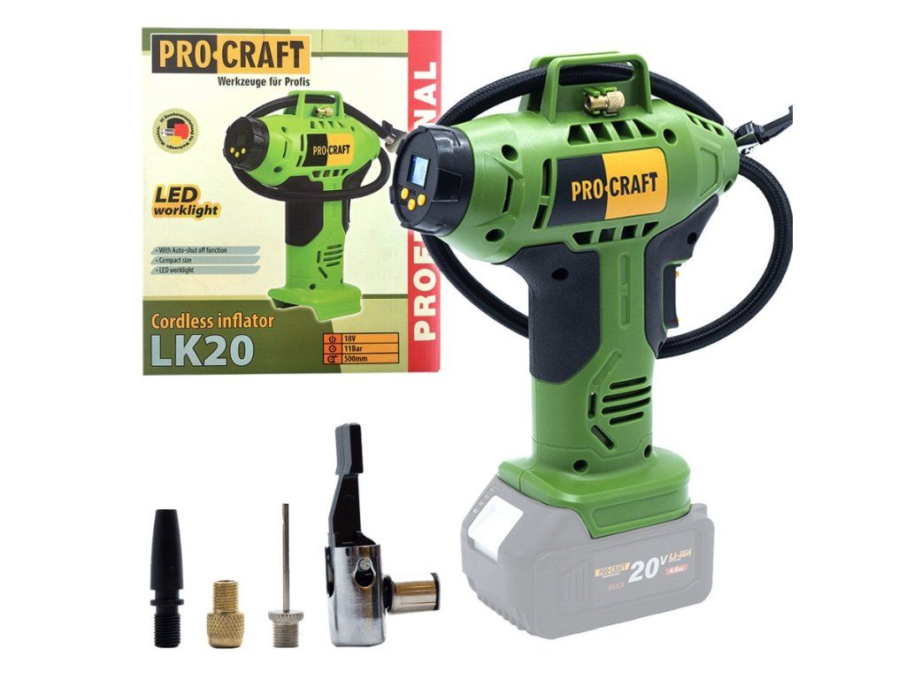 Kompaktný aku kompresor Procraft LK20 natlakuje pneumatiky presne a bez námahy