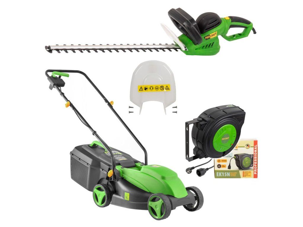 Elektrická záhradná sada PROCRAFT s kosačkou, plotostrihom a káblom na bubne