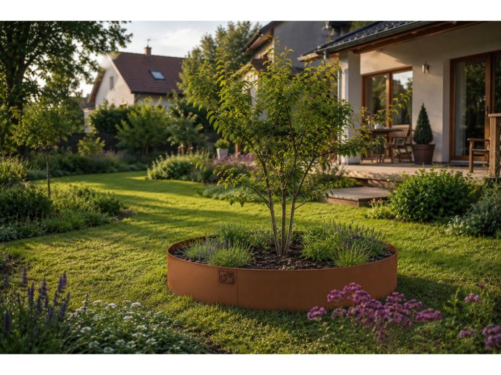 Záhradný obrubník G21 90 x 20 cm z cortenovej ocele v okrasnom záhone