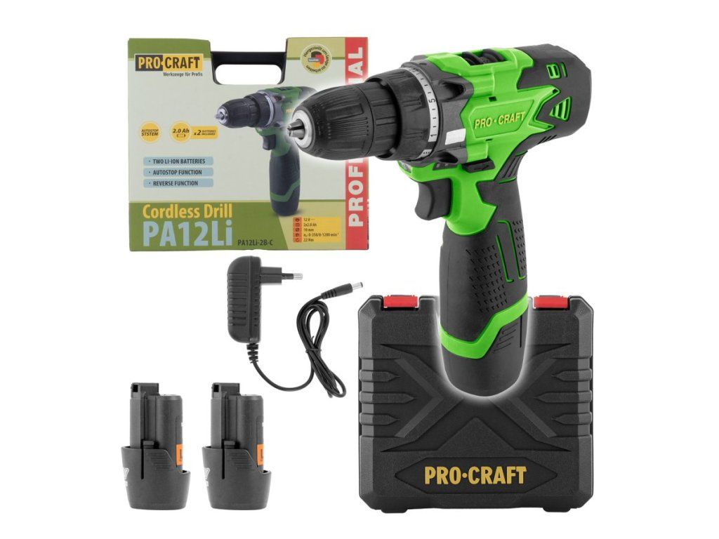 Aku vŕtací skrutkovač Procraft PA12Li s 2 batériami 2 Ah a kufrom