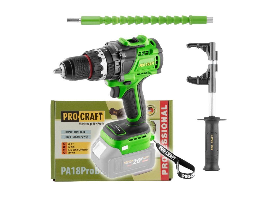 Aku príklepový skrutkovač Procraft PA18ProBL s prídavnou rukoväťou