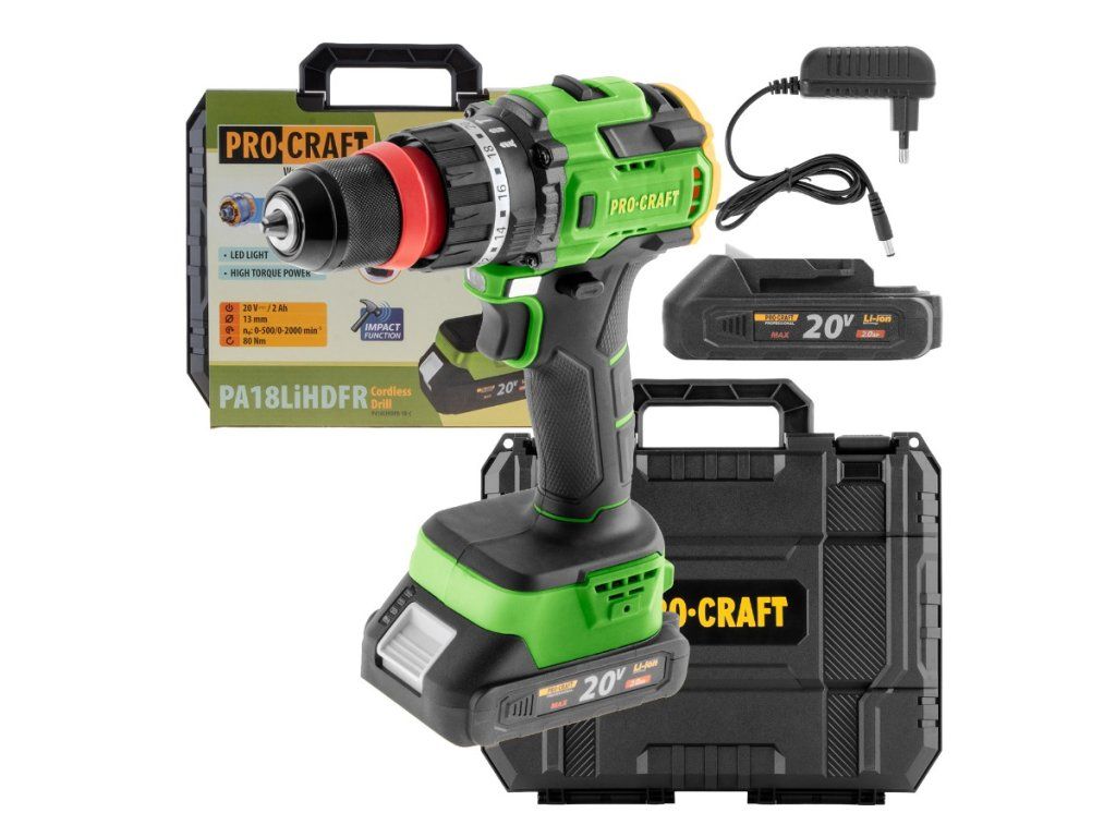 Aku vŕtací skrutkovač Procraft PA18LiH DFR s krútiacim momentom 80 Nm
