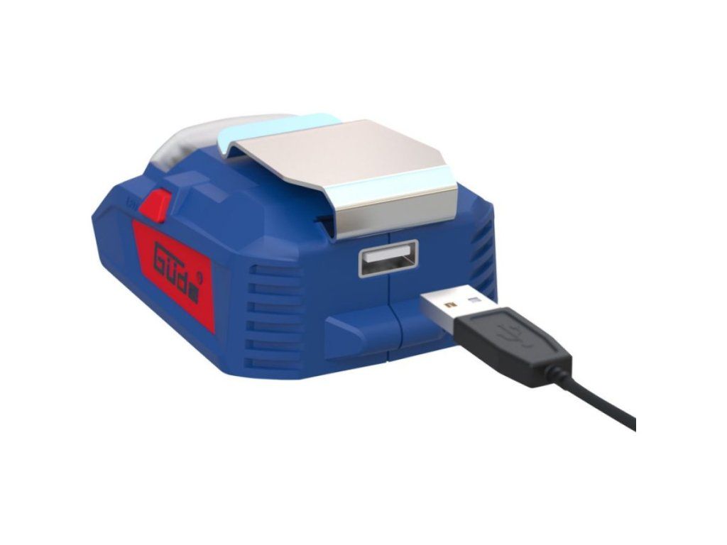 Kovová spona na opasok a ovládacie tlačidlá na aku USB adaptéri Güde UAL 18-0