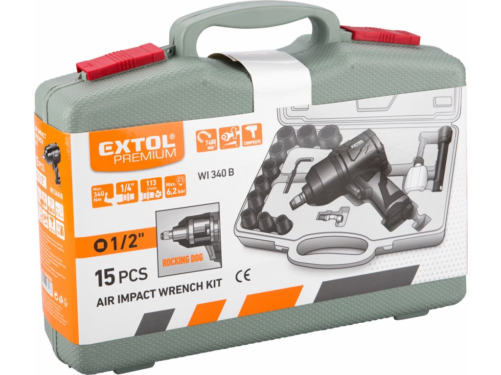 Uťahovač príklepový pneumatický EXTOL PREMIUM s kufrom a príslušenstvom